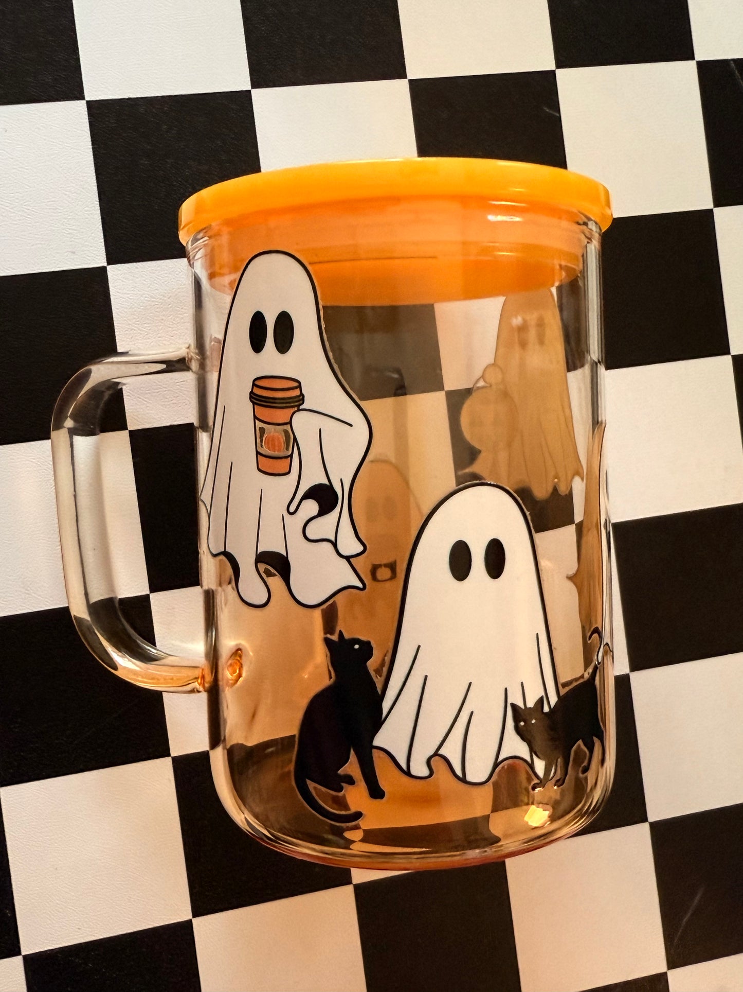 Orange ghost cat glass tumbler